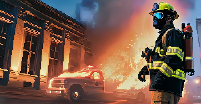 A firefighter with augmented reality goggles in front of a burning structure, with a 3D map visible in the goggles showing escape routes.