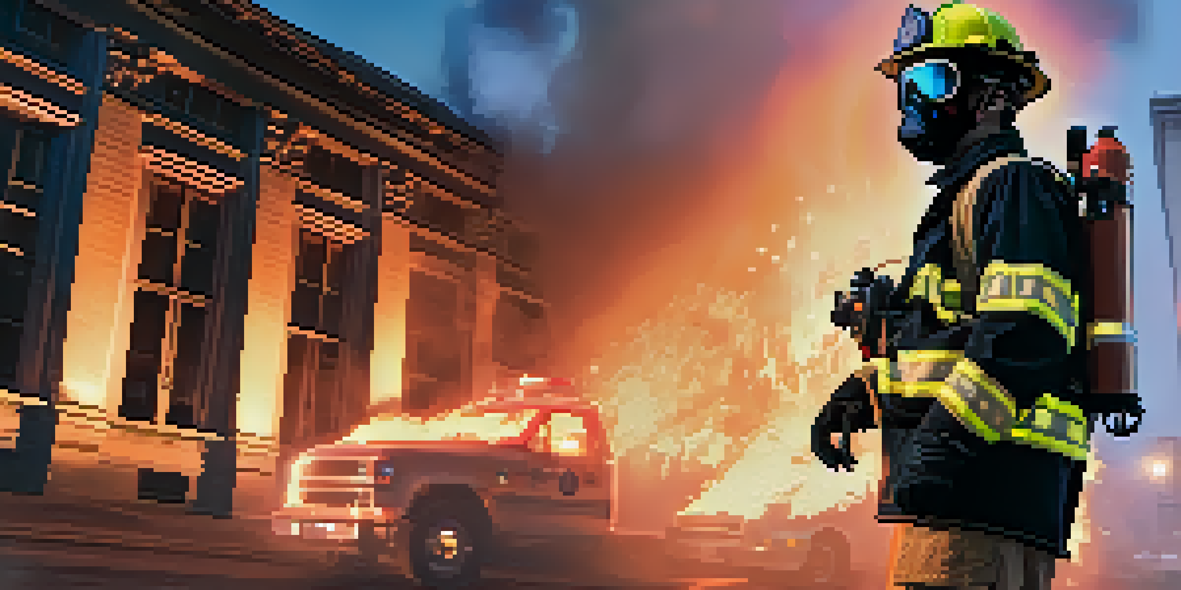 A firefighter with augmented reality goggles in front of a burning structure, with a 3D map visible in the goggles showing escape routes.