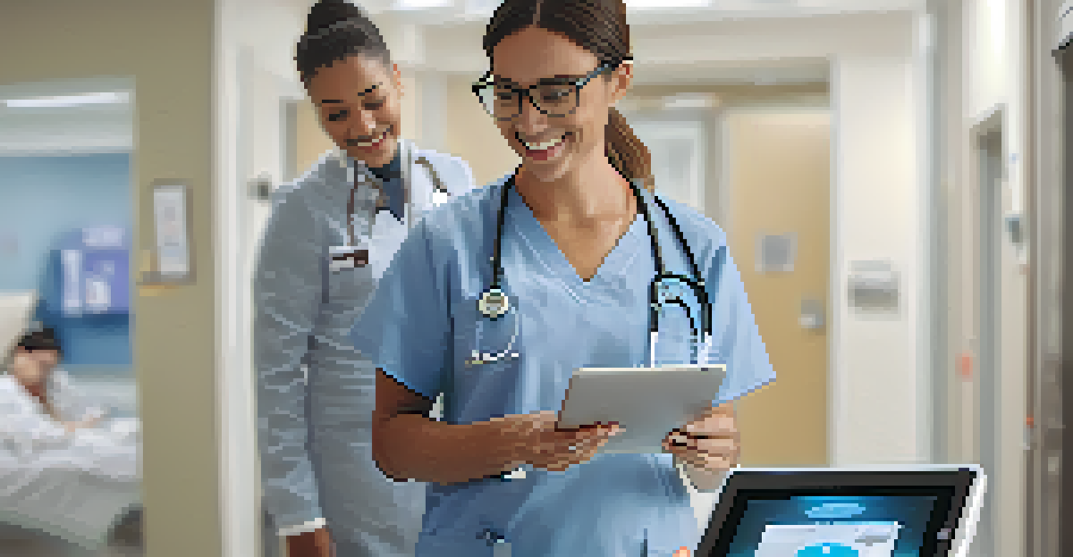 A nurse using a voice assistant in a hospital, with a patient in the background and medical equipment around.
