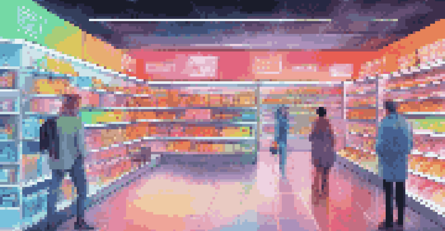 A futuristic retail store with digital shelves and holographic displays showing real-time inventory updates and customer preferences.