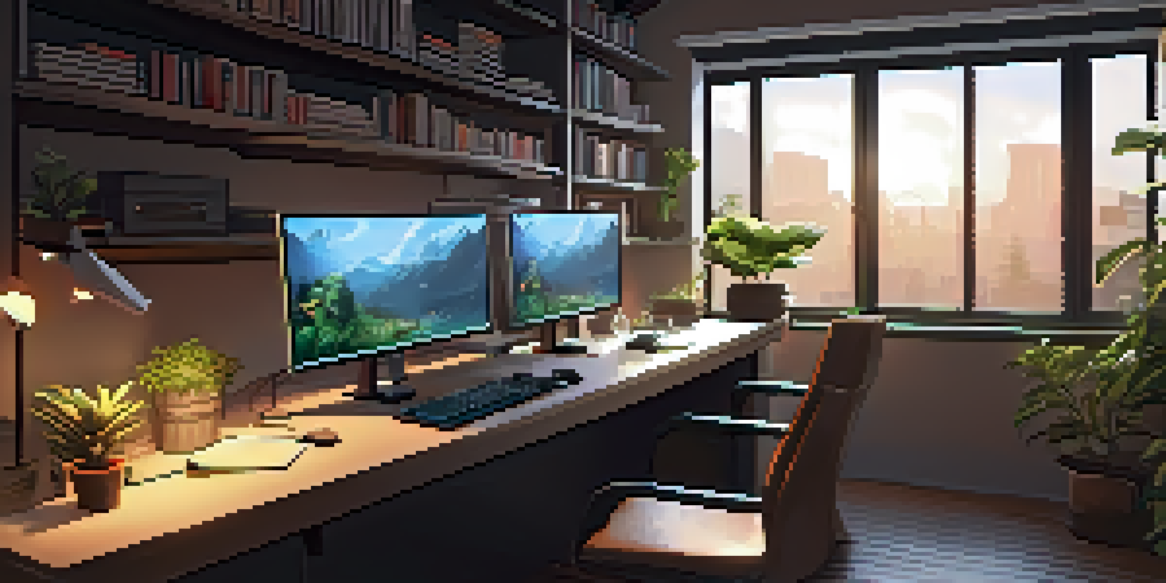 A modern game development workspace with dual monitors, warm lighting, and greenery, creating a cozy atmosphere.
