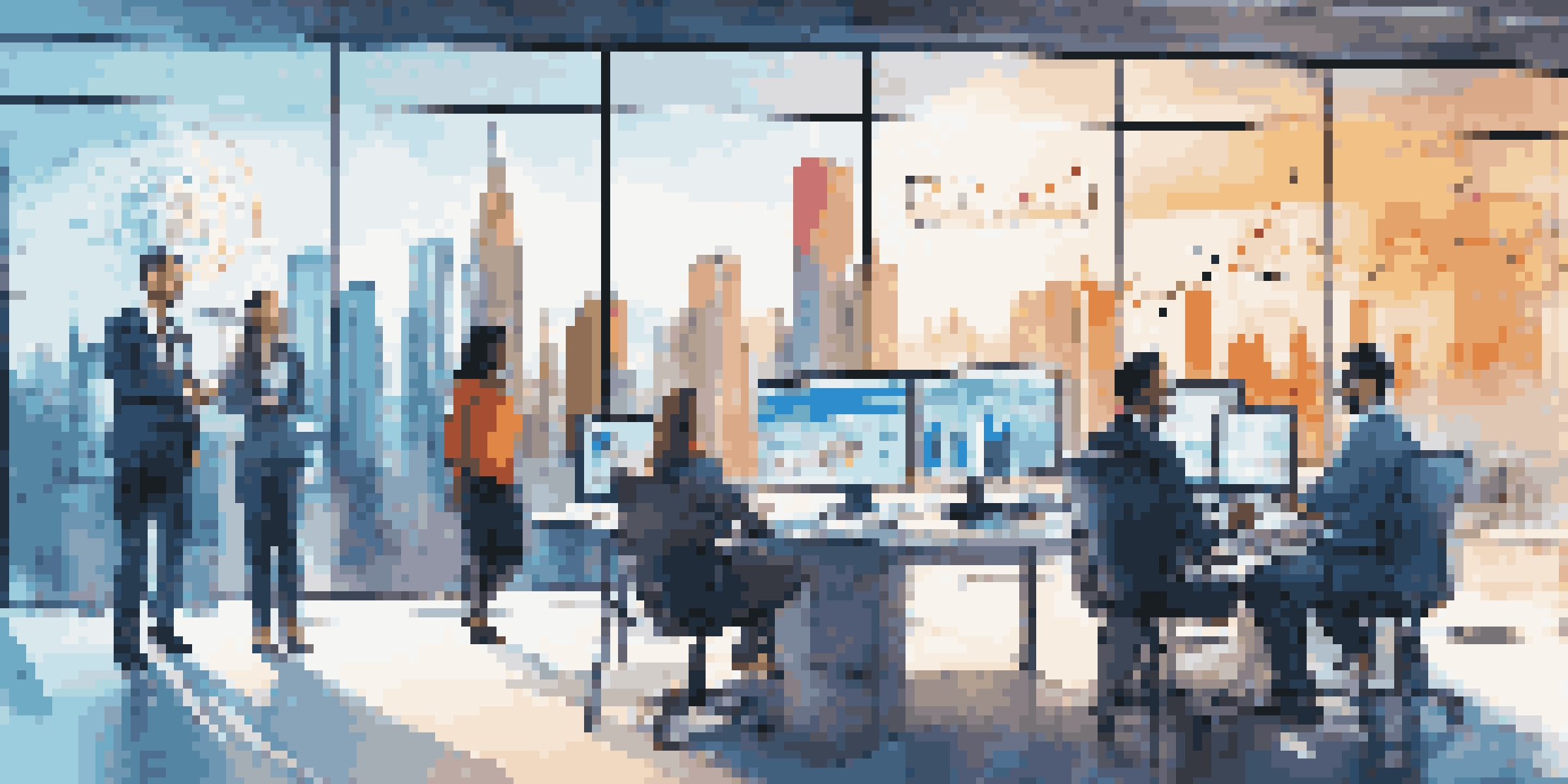 A group of diverse financial professionals collaborating in a bright modern office, analyzing AI-driven analytics on a digital dashboard filled with colorful graphs and data visualizations.