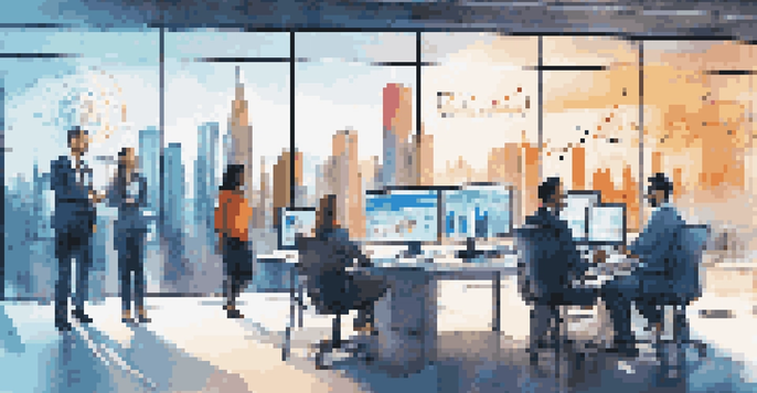 A group of diverse financial professionals collaborating in a bright modern office, analyzing AI-driven analytics on a digital dashboard filled with colorful graphs and data visualizations.