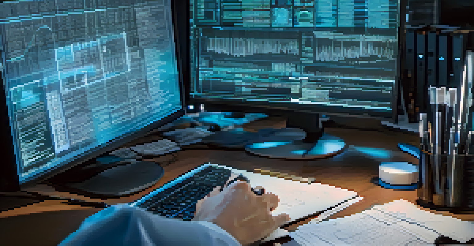 Close-up of a forensic analyst's hands analyzing digital evidence on a computer with high-tech tools.