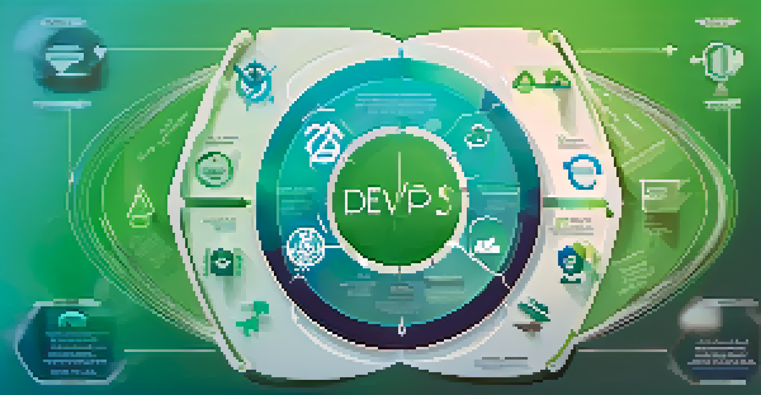 An abstract representation of the DevOps cycle with icons arranged in a circular flow on a blue-green gradient background.