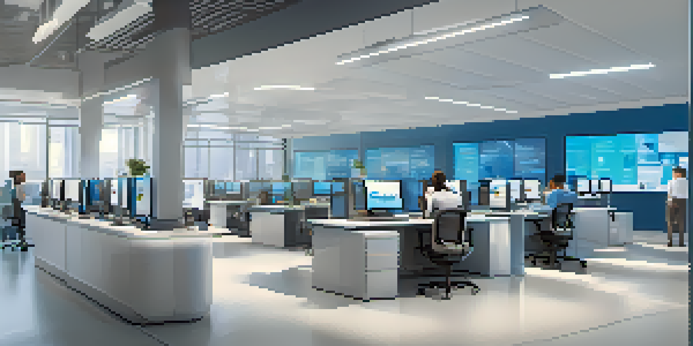 A modern customer support center with diverse employees interacting with AI-driven chatbots on screens.