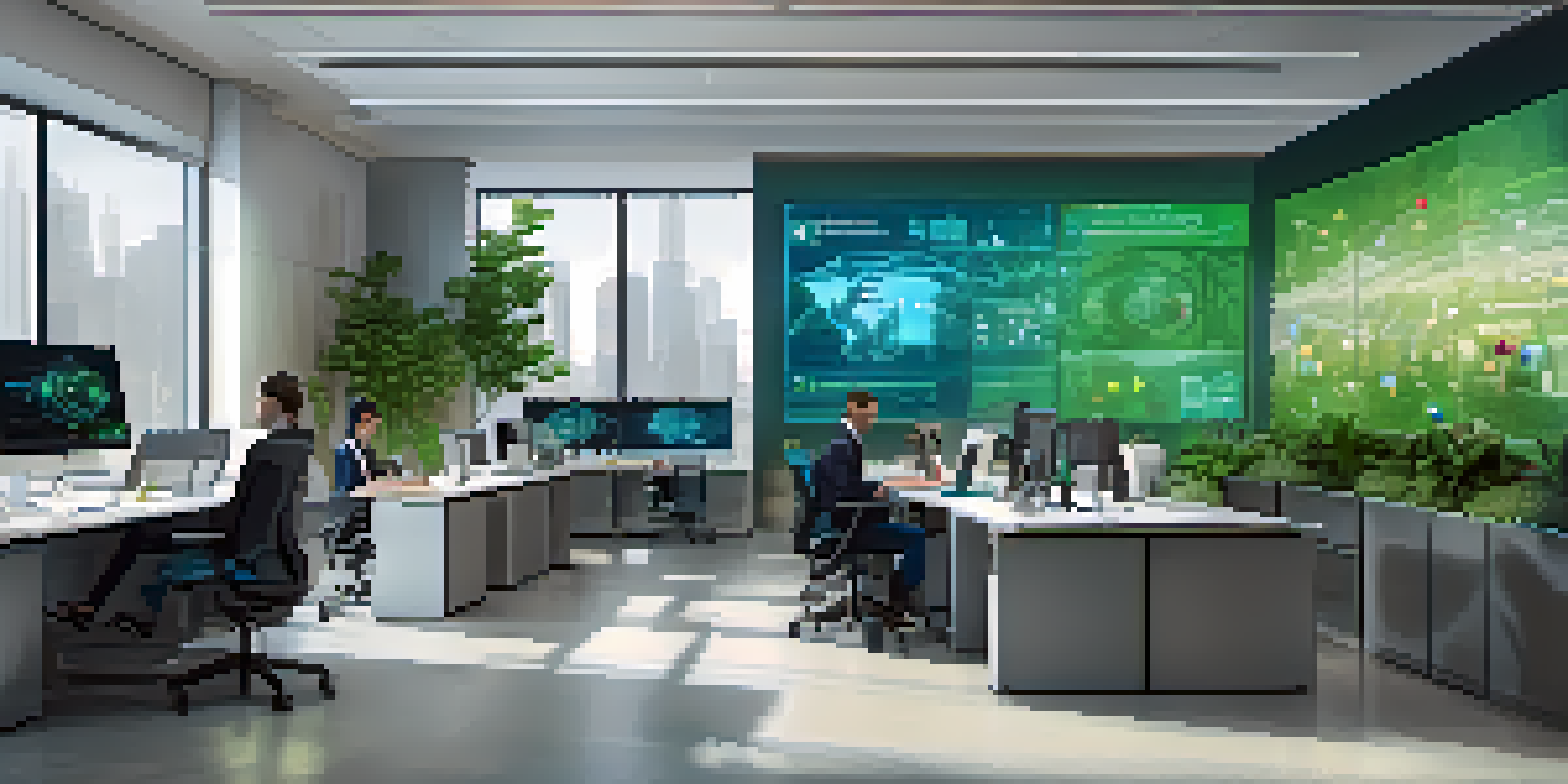 A diverse group of professionals in a modern office discussing network security, with a digital screen displaying security graphics.