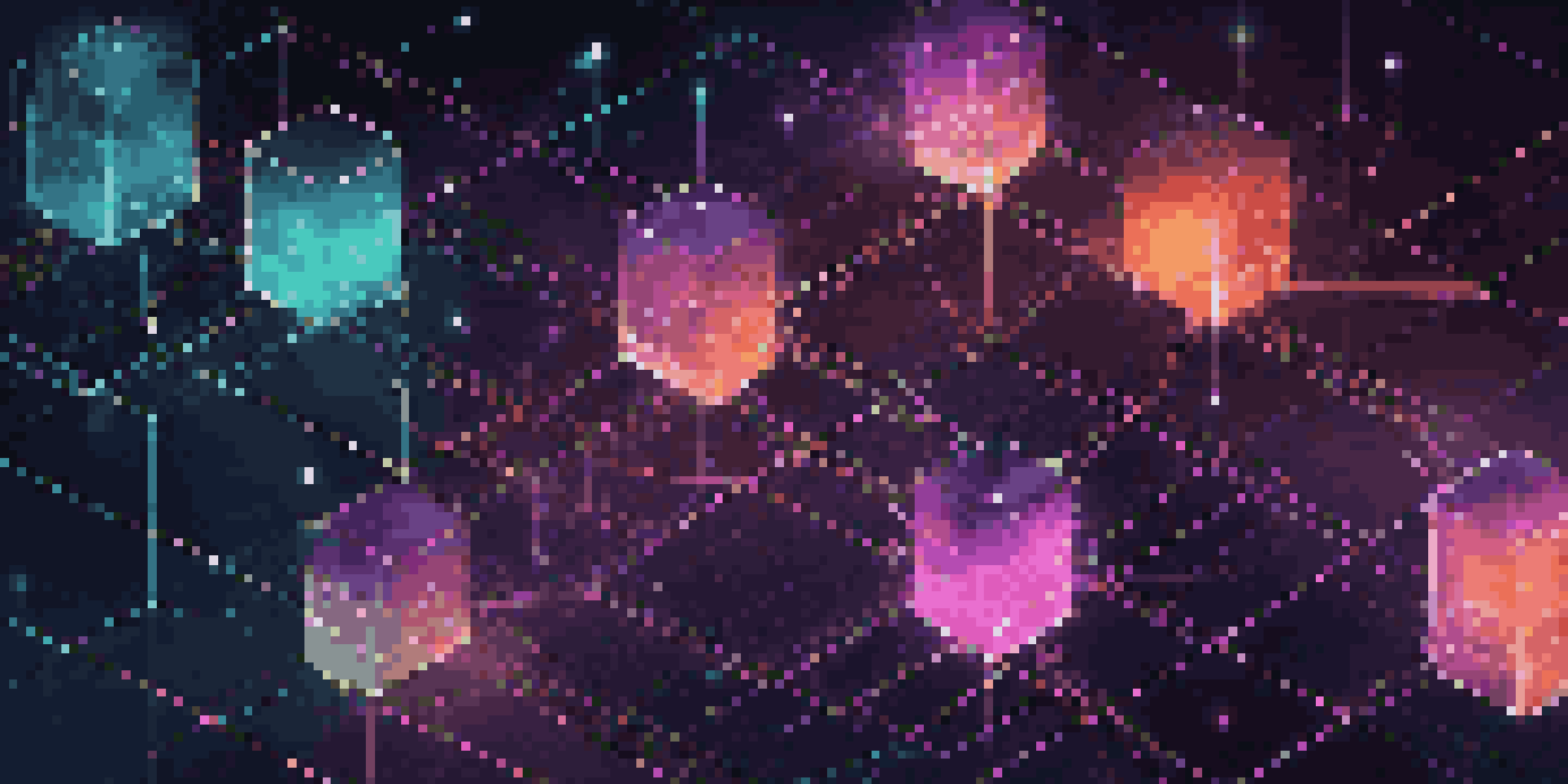 An illustration of a blockchain network with interconnected blocks and digital nodes against a dark background.
