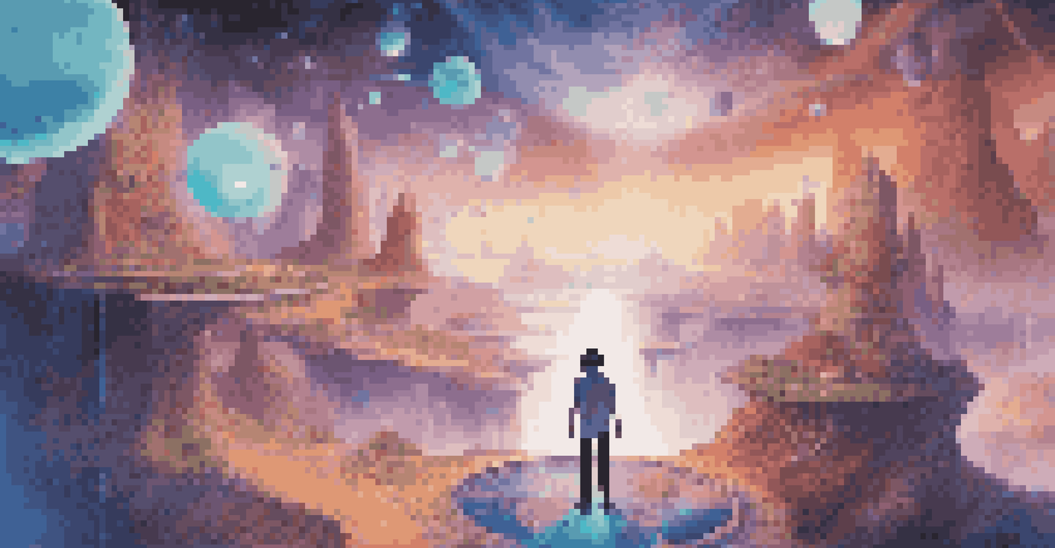 A user in a virtual reality setting with a headset, interacting with a colorful and futuristic digital landscape.