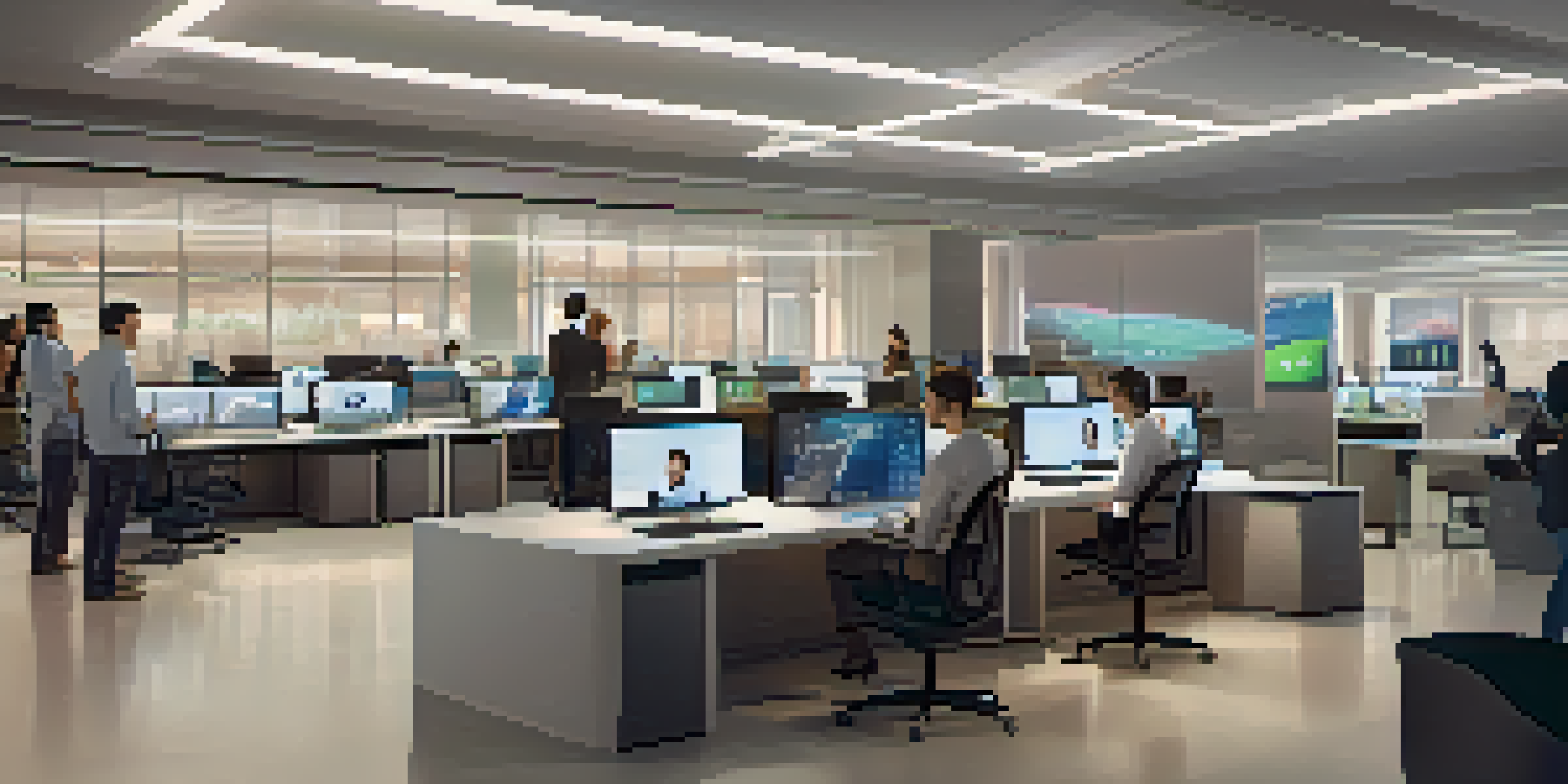 A modern customer support center featuring diverse agents and AI technology, with monitors and a hologram assistant.