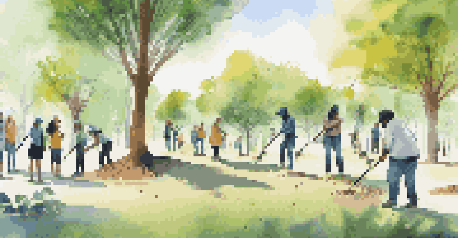 A group of people planting trees in a park, using augmented reality to see the future growth of the trees.