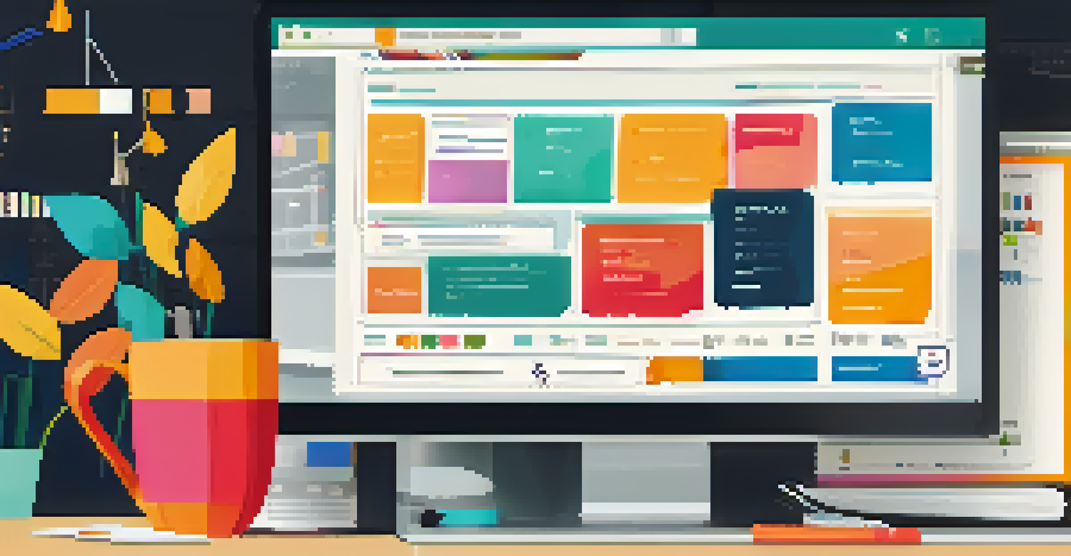A modern computer screen displaying a colorful and user-friendly CMS interface with drag-and-drop features in a stylish workspace.