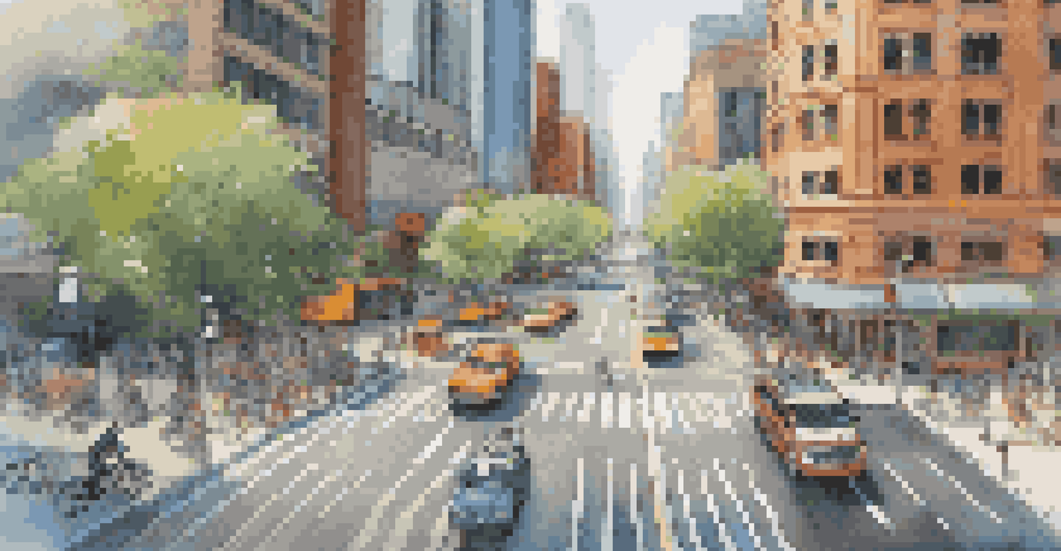 An aerial view of a city intersection with synchronized traffic lights and a bus navigating through.
