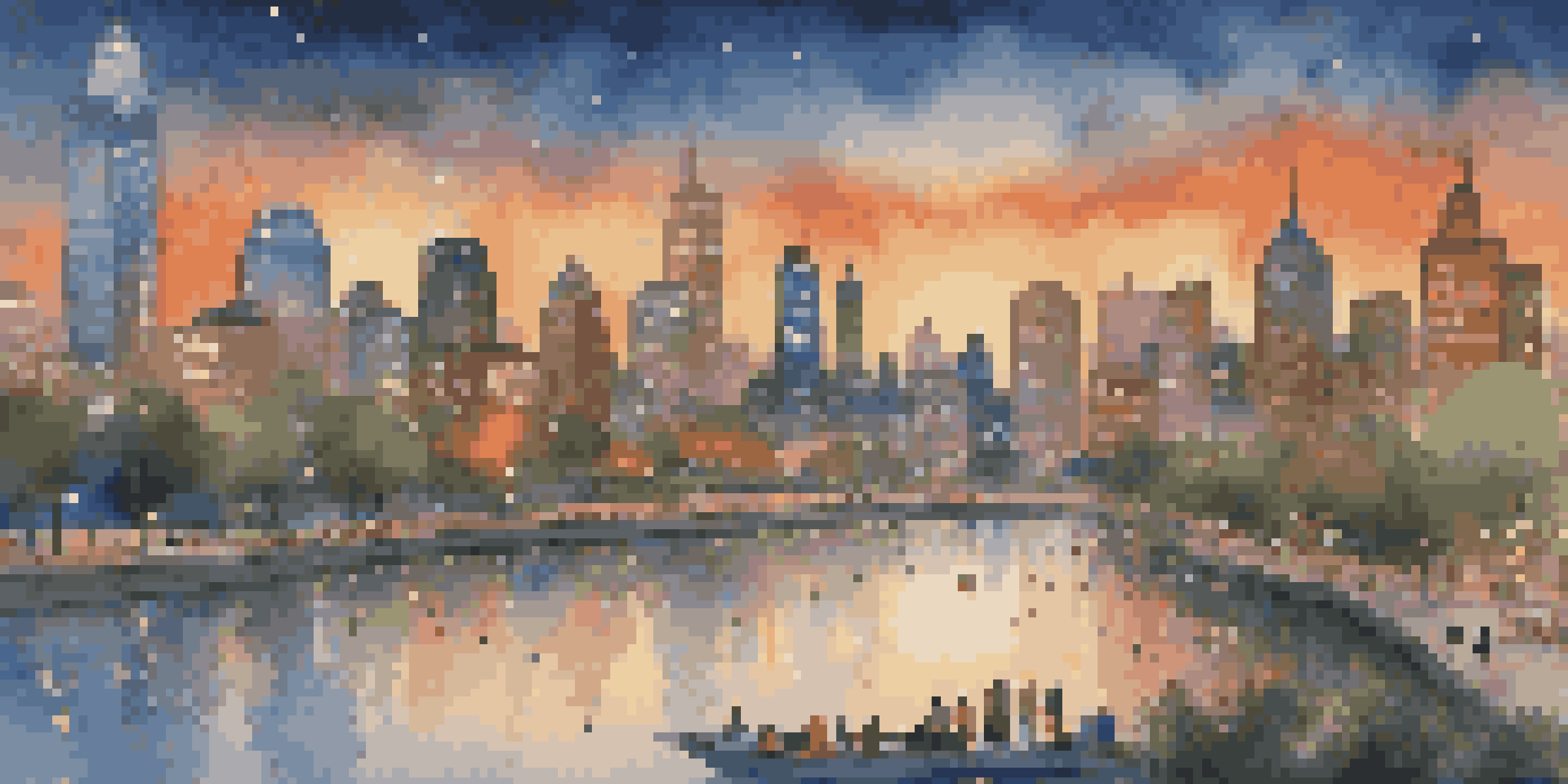 A city skyline at dusk with illuminated skyscrapers and a calm river in the foreground, surrounded by a vibrant park filled with people and trees with fairy lights.
