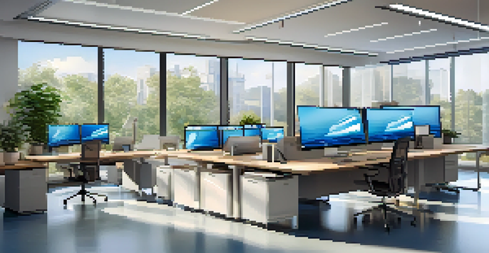 A modern office with multiple monitors showing virtual desktops, bright natural light, and plants in the corner.