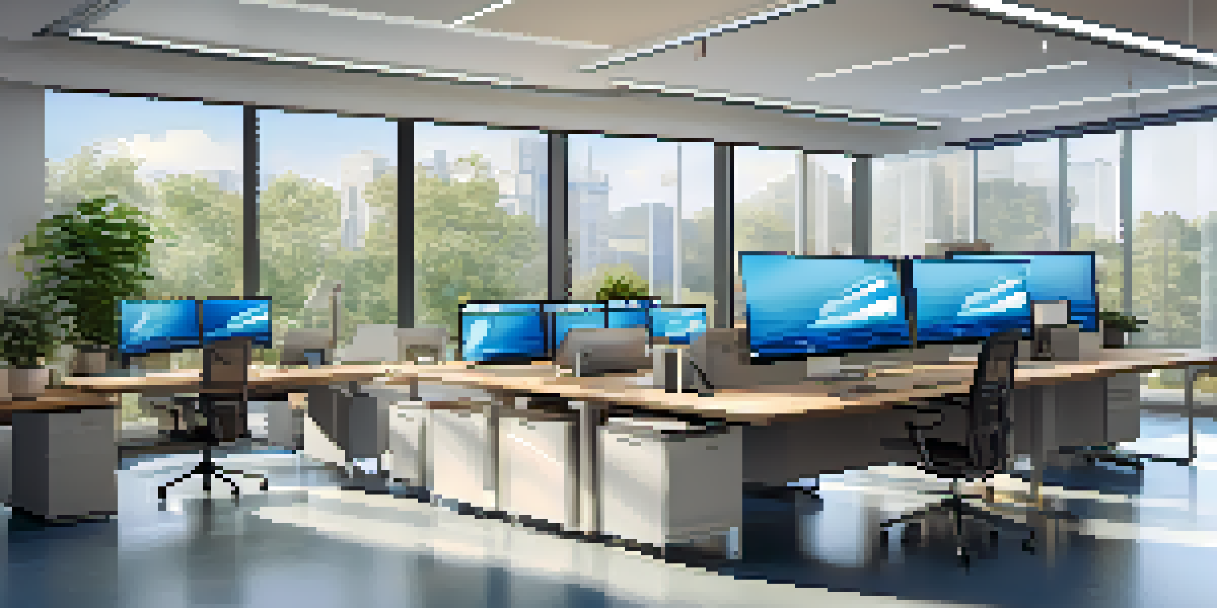 A modern office with multiple monitors showing virtual desktops, bright natural light, and plants in the corner.