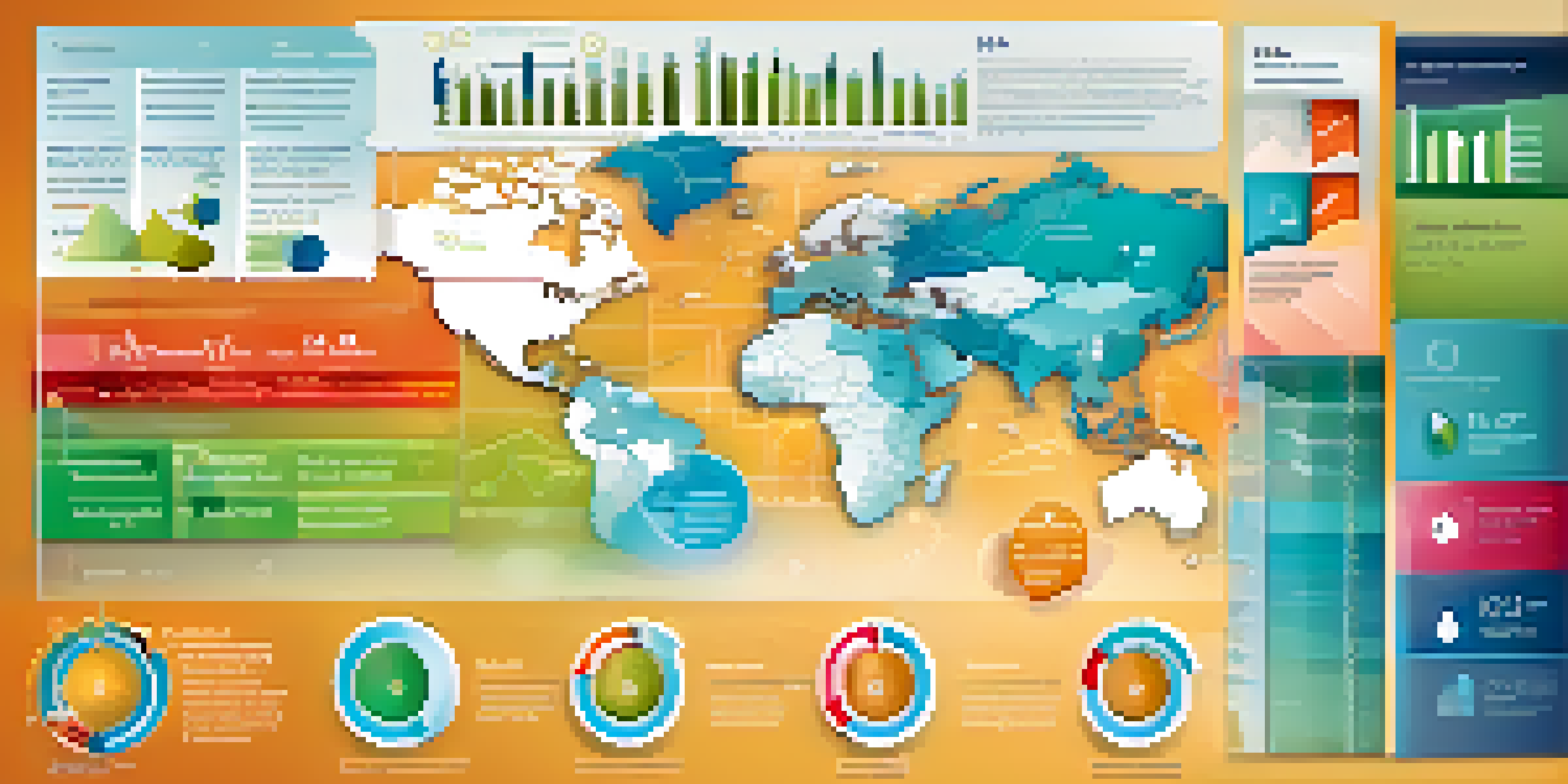 An infographic showcasing data visualization with colorful charts, graphs, and maps against a gradient background.