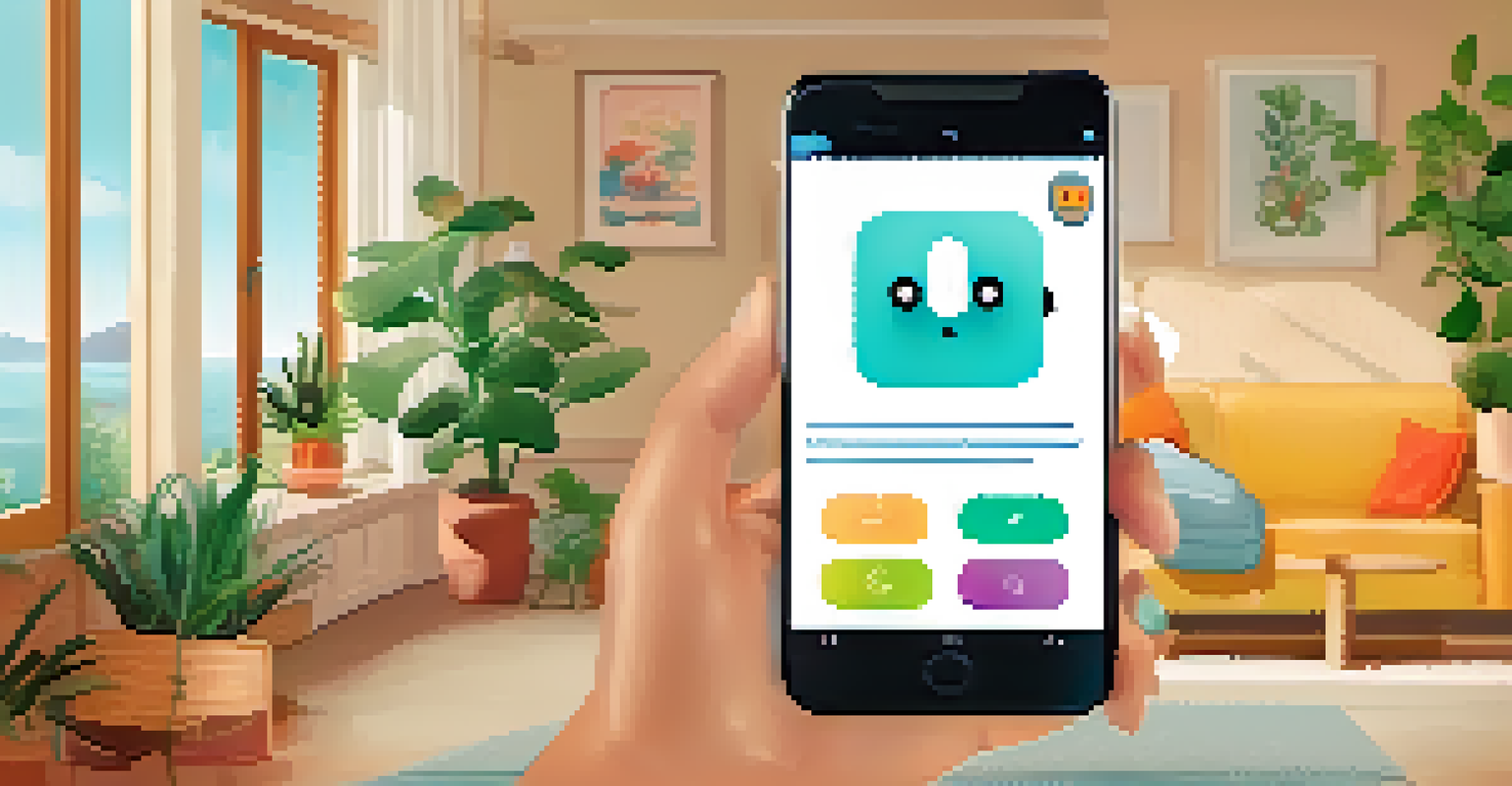 A smartphone showing a chatbot interface, placed in a cozy home setting with plants in the background.