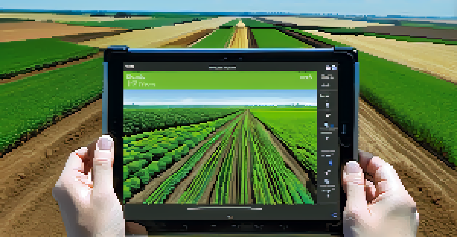 A farmer in a field using a tablet to monitor soil moisture levels with IoT sensors, surrounded by green crops.