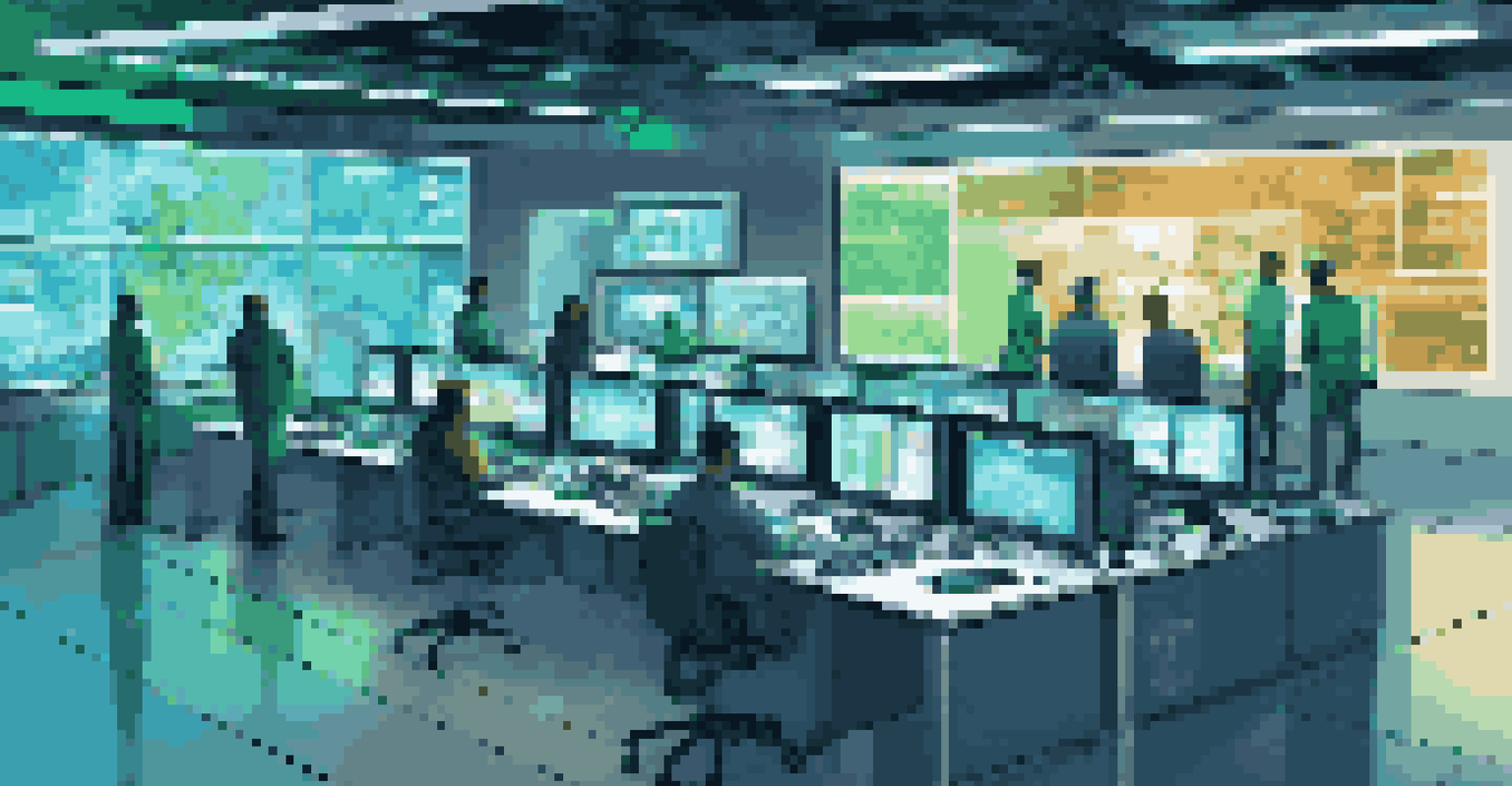 A high-tech control room with screens showing real-time IoT data and technicians collaborating around a central dashboard.
