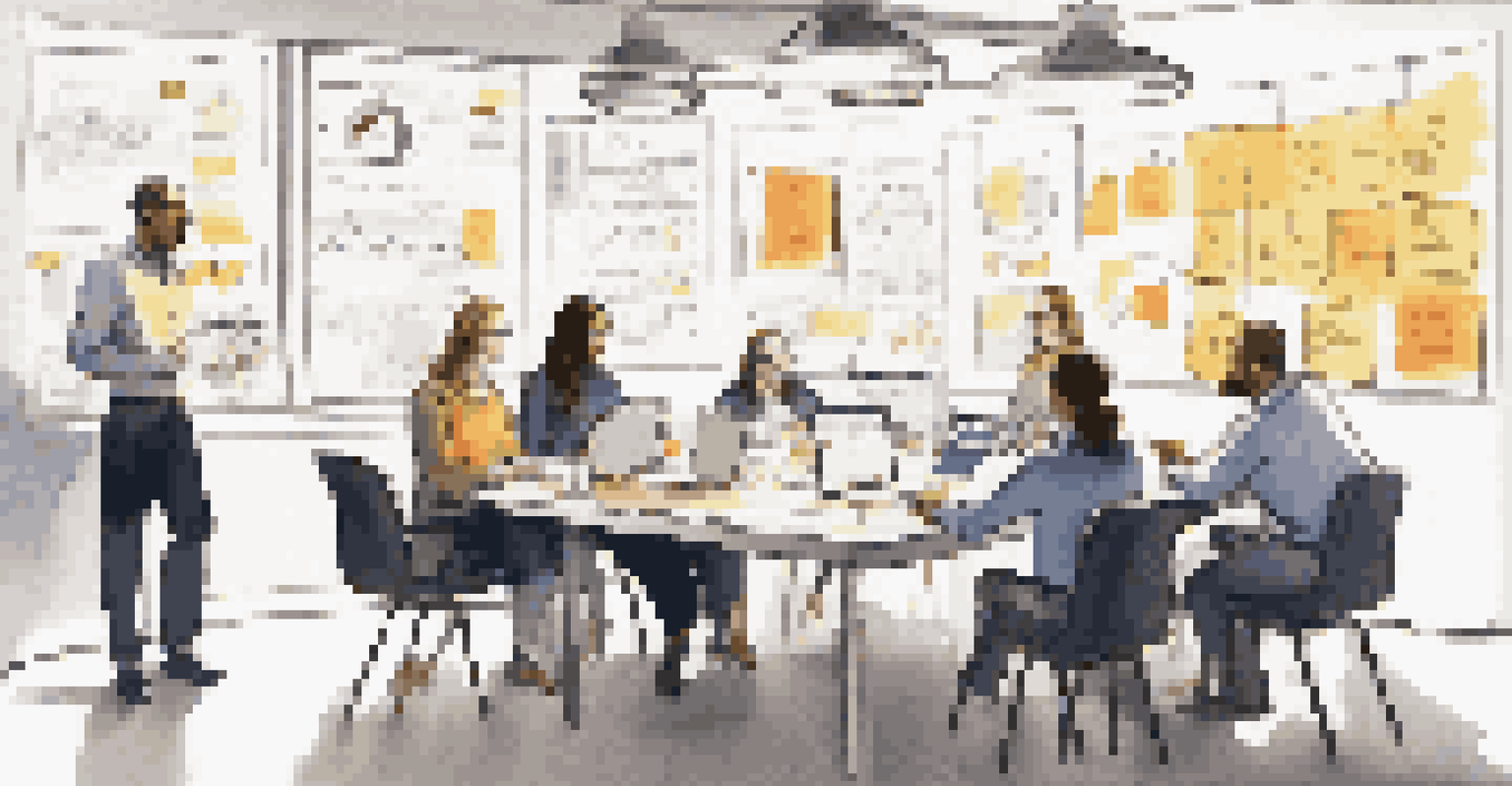 A diverse team brainstorming with laptops and notes, surrounded by user feedback charts on a whiteboard.