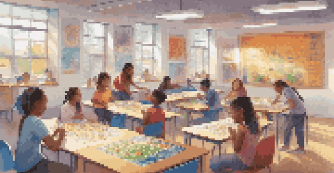 A lively classroom where students are participating in gamified learning activities with colorful game boards and cultural posters on the walls.