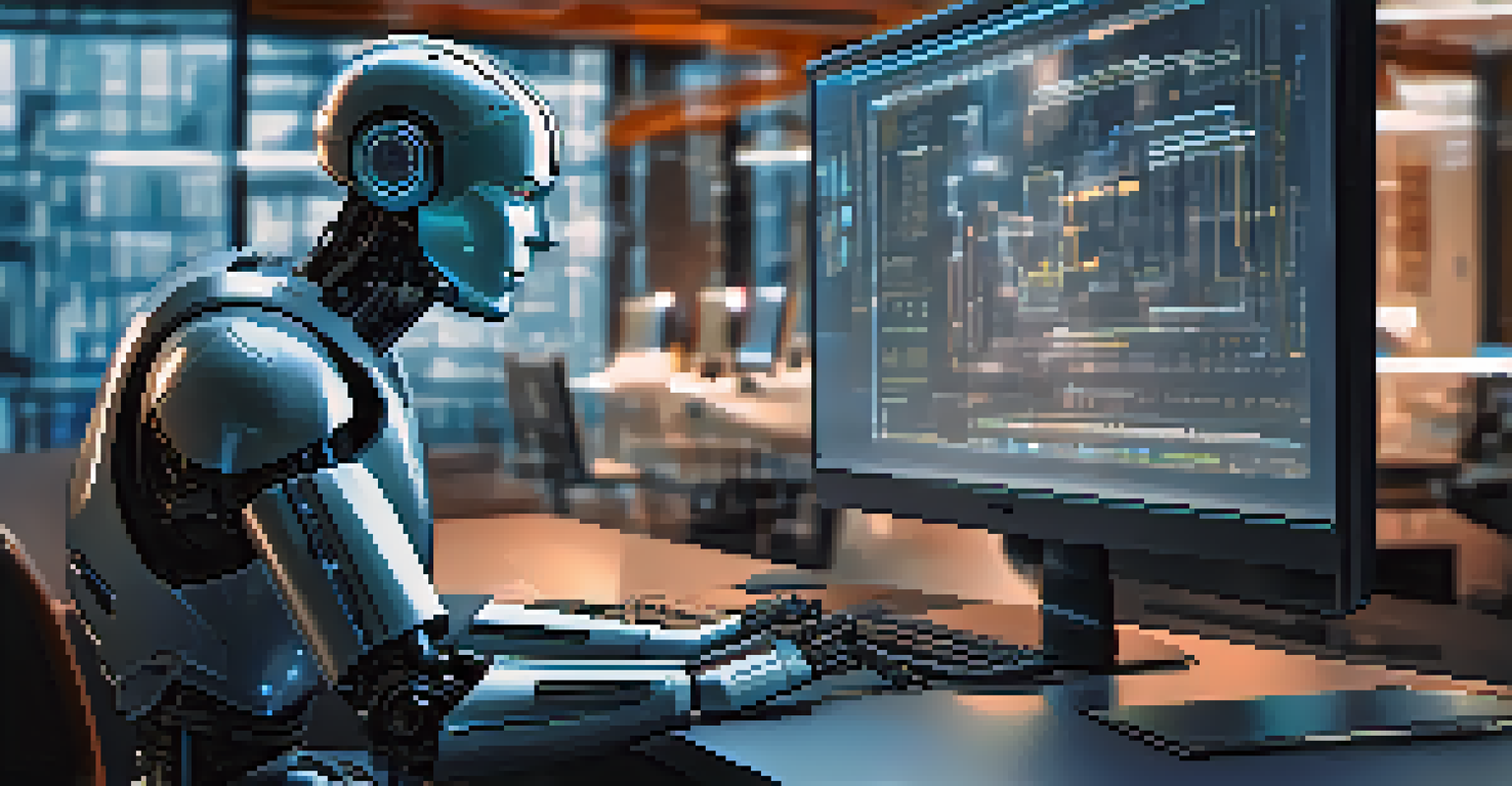A sleek robot analyzing code on a computer screen in a high-tech office, symbolizing AI's role in enhancing software testing.
