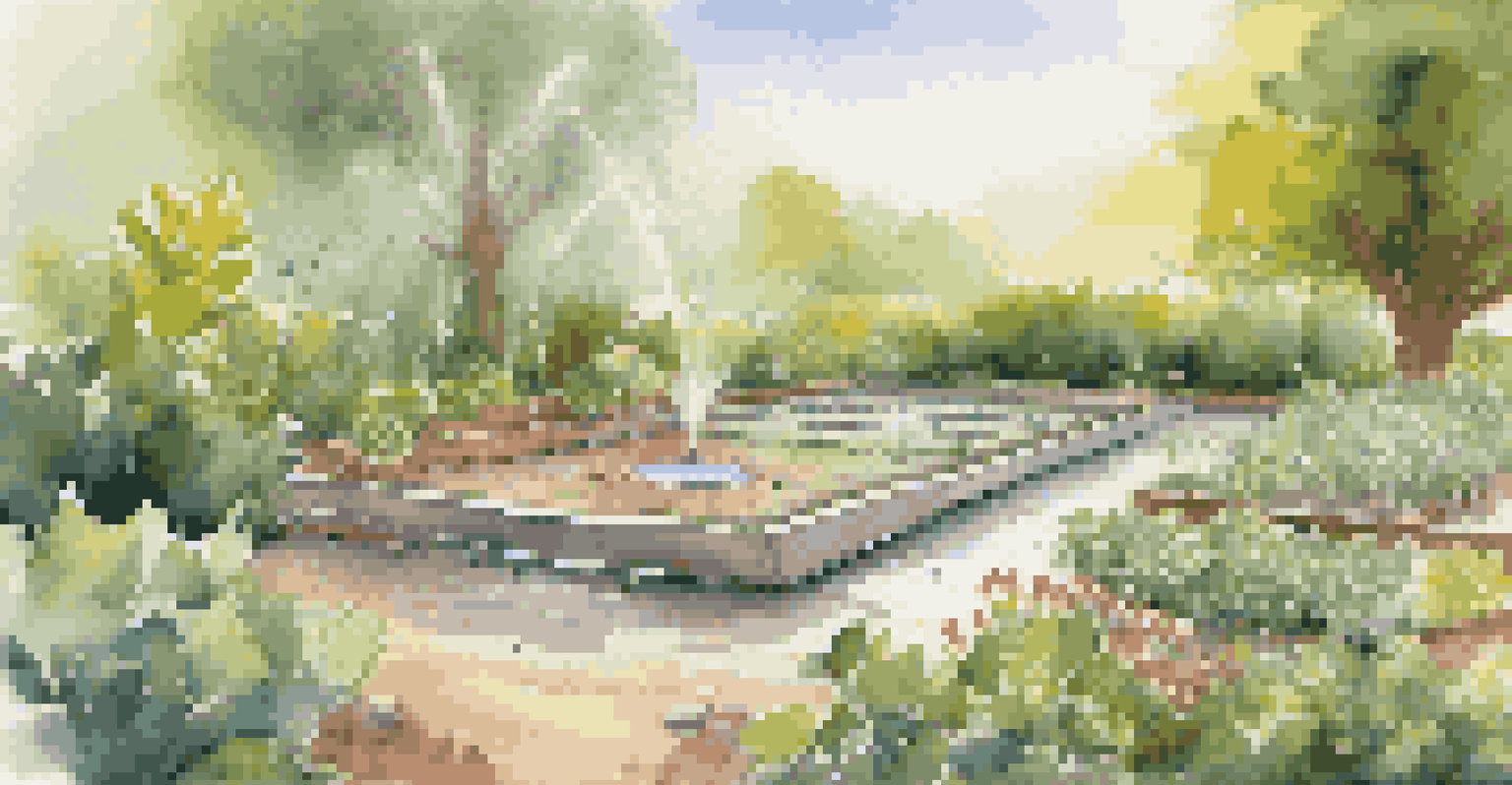 A smart irrigation system monitoring soil moisture in a lush garden with plants.