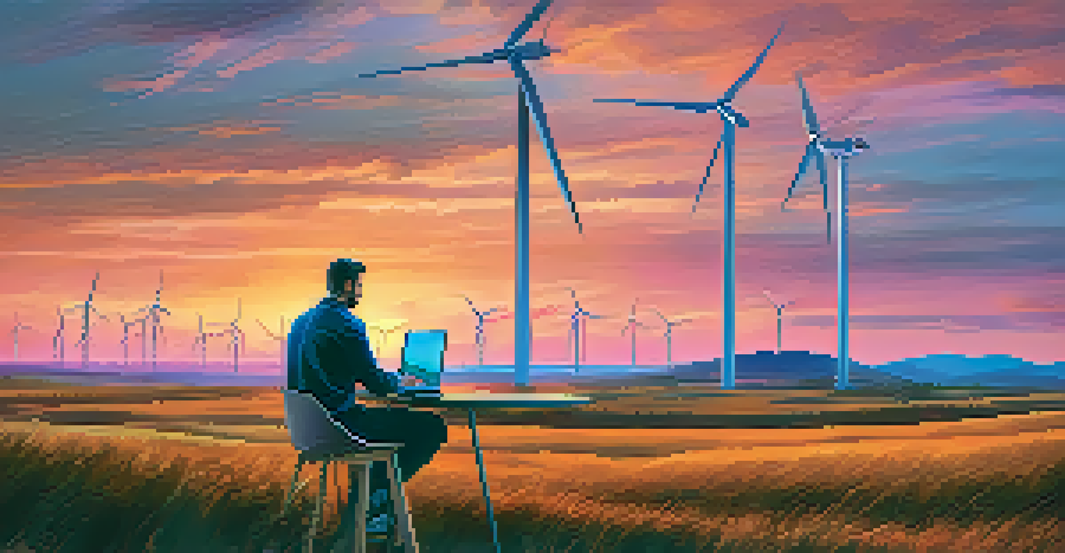 A technician using a laptop in front of wind turbines at sunset, showcasing AI integration in energy efficiency.