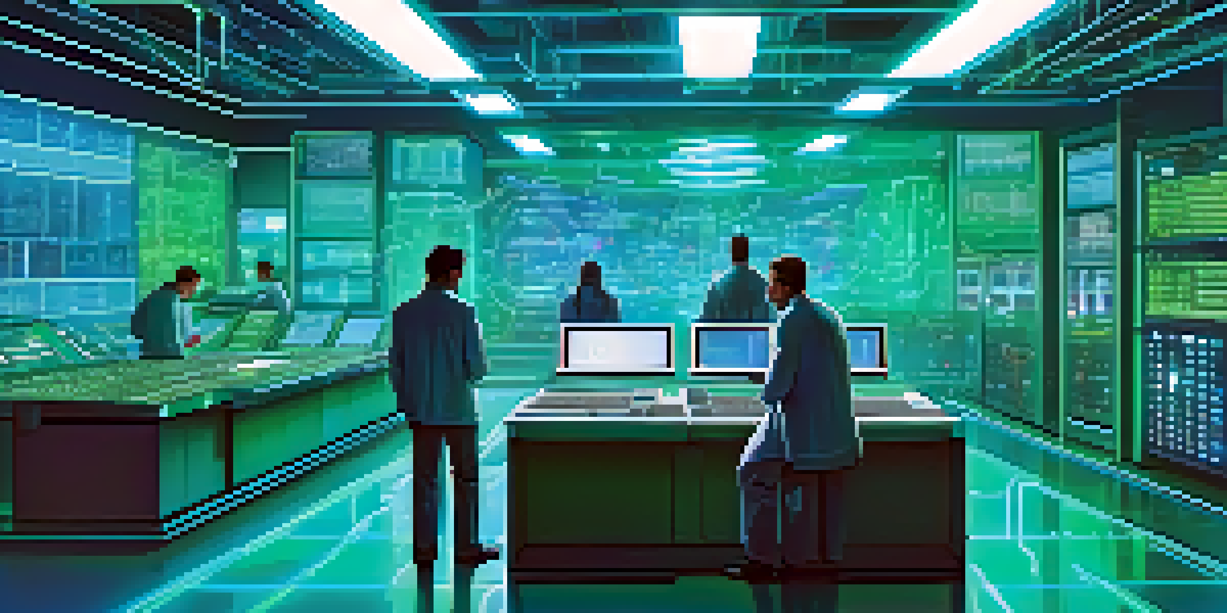 A futuristic laboratory with scientists working on quantum cryptography technology, surrounded by advanced computers and glowing displays.