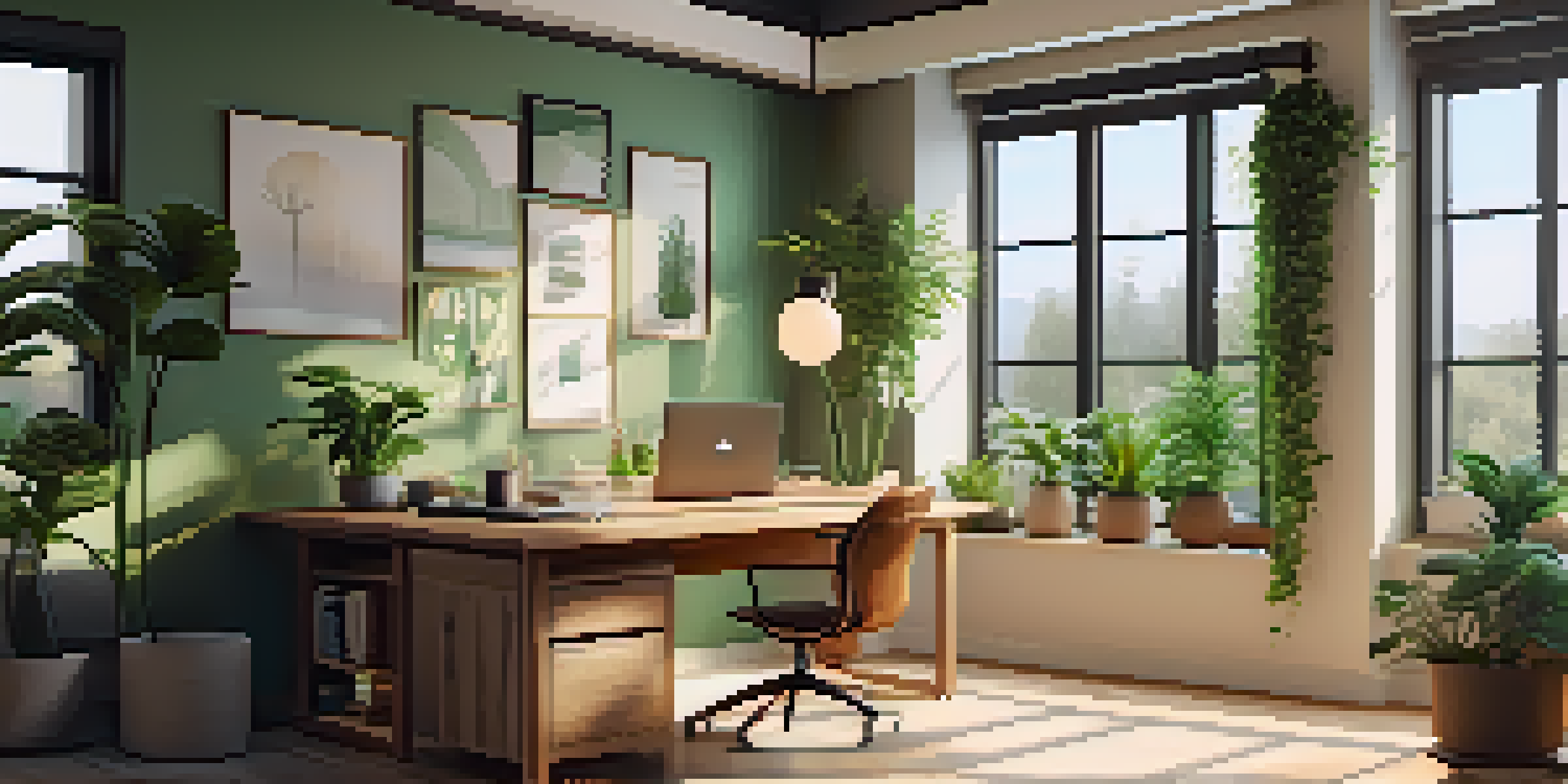 A bright and inviting remote workspace with a desk, laptop, notepad, coffee cup, and indoor plants, illuminated by natural light.
