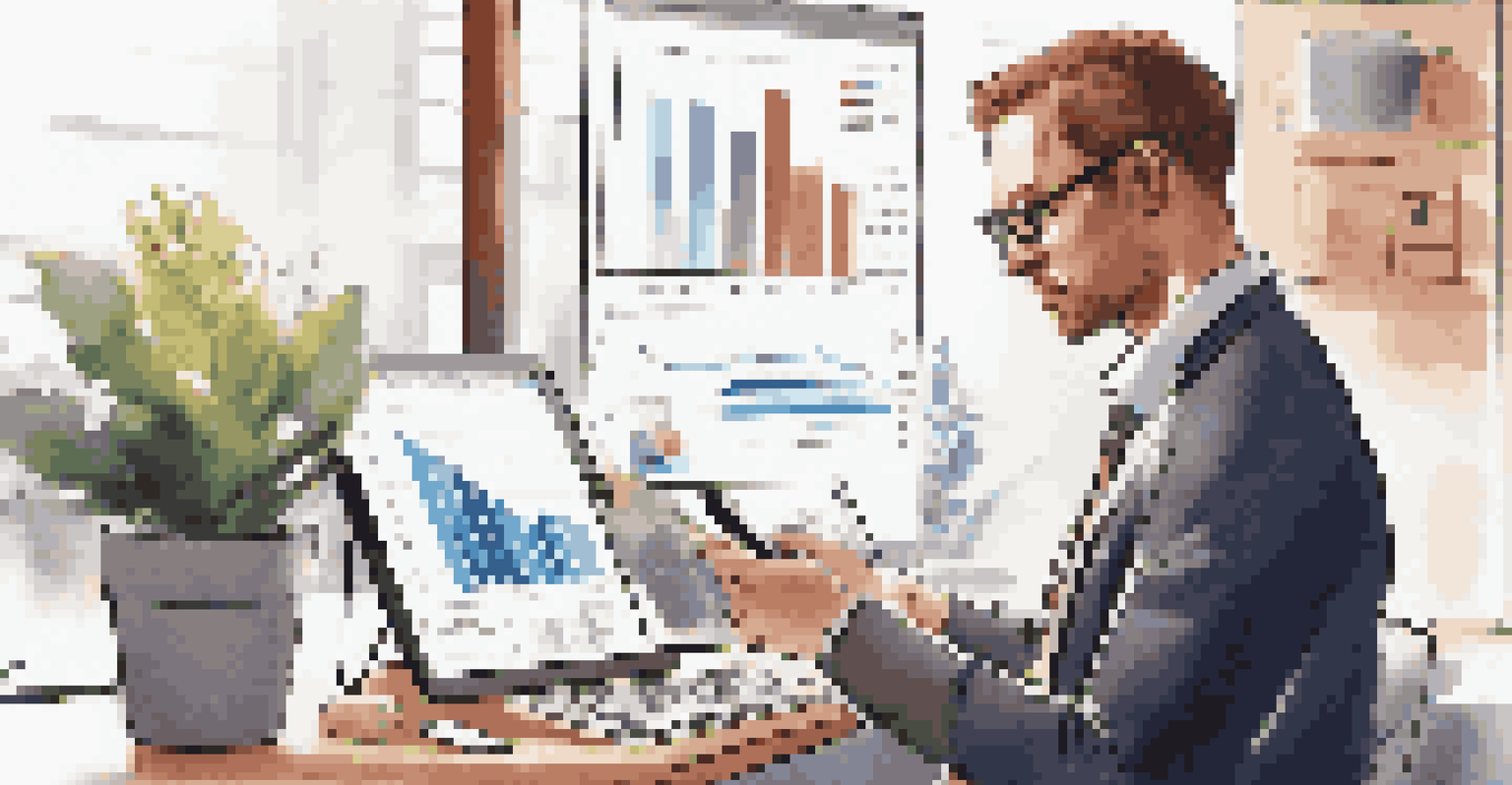 A business professional analyzing data on a tablet in a modern office.