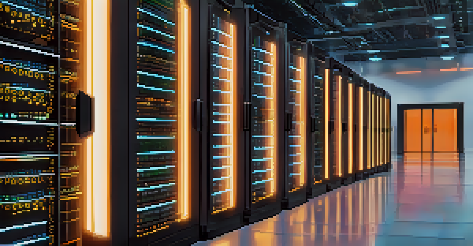 A data center with servers and a holographic display of encryption symbols protecting biometric data.