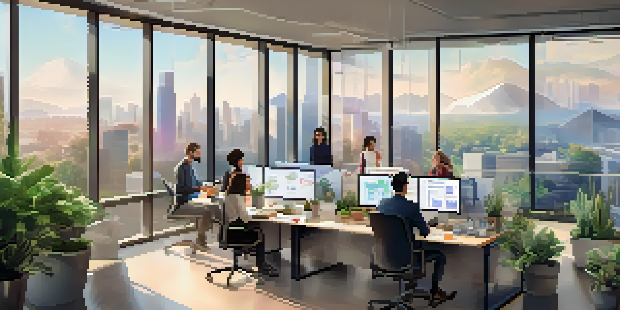 A bright office with a city view where diverse professionals work together on a digital tablet, surrounded by plants and a whiteboard.