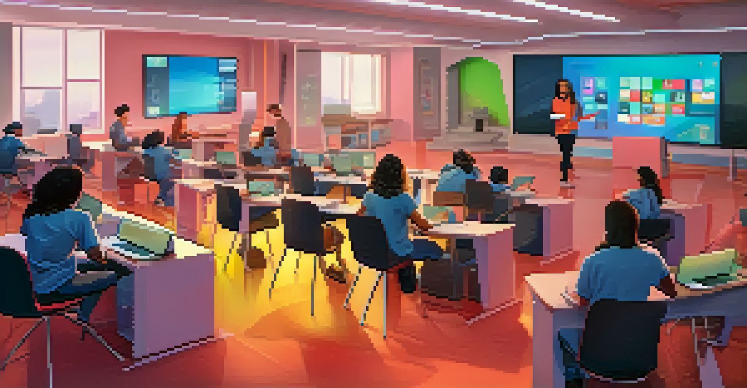 A modern classroom with students involved in both traditional lectures and interactive digital games.