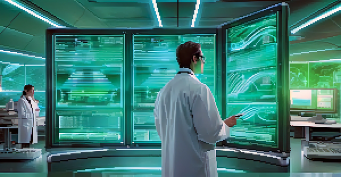 A scientist in a futuristic lab examining DNA sequences displayed on a holographic screen, surrounded by advanced technology and soft blue and green lighting.