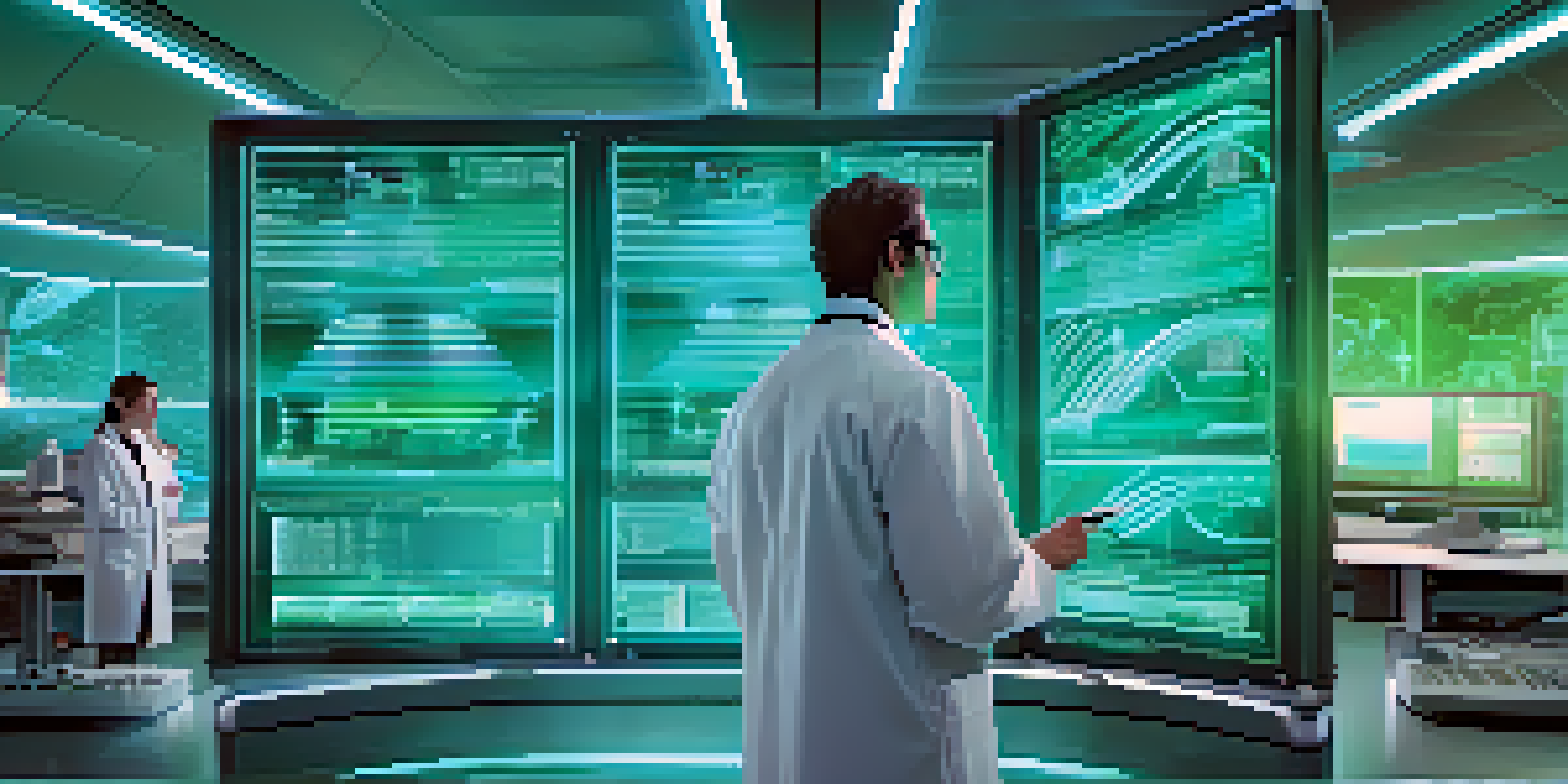 A scientist in a futuristic lab examining DNA sequences displayed on a holographic screen, surrounded by advanced technology and soft blue and green lighting.