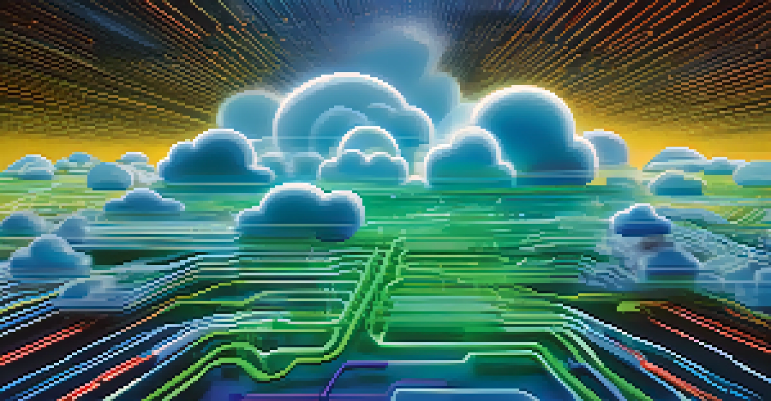 An abstract image illustrating the concept of hybrid cloud solutions with vibrant colors and data flow patterns.