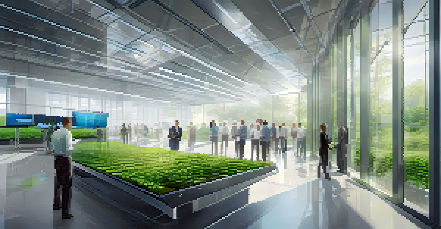 A futuristic data center with solar panels and greenery, featuring a diverse team of IT professionals collaborating.