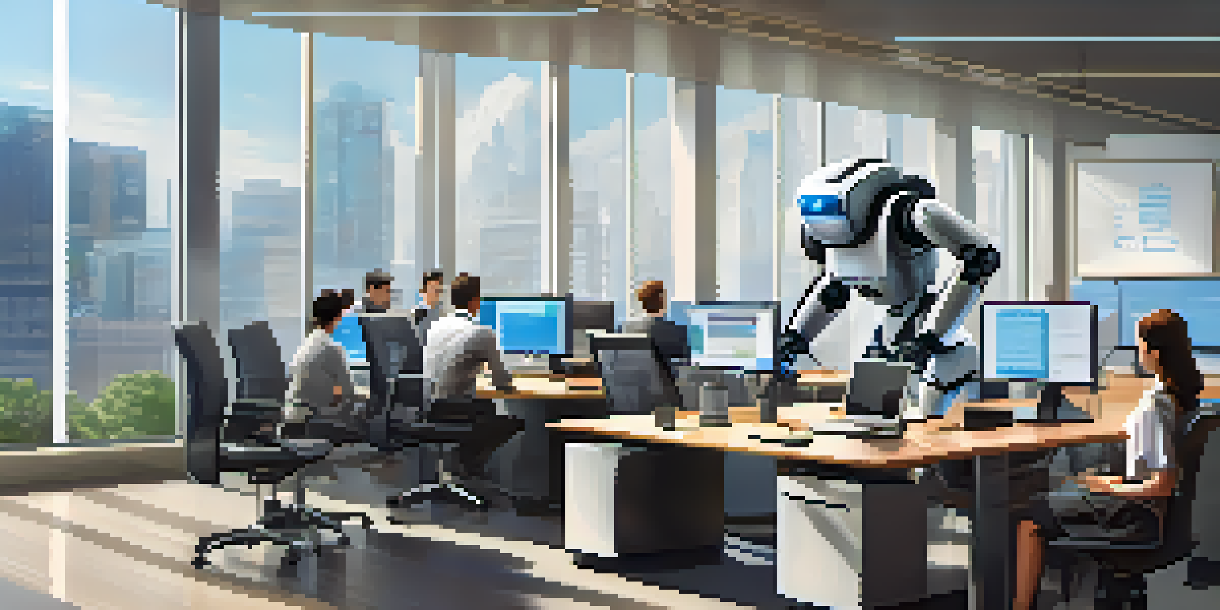 A futuristic robot in an office interacting with a computer, with professionals collaborating in the background.