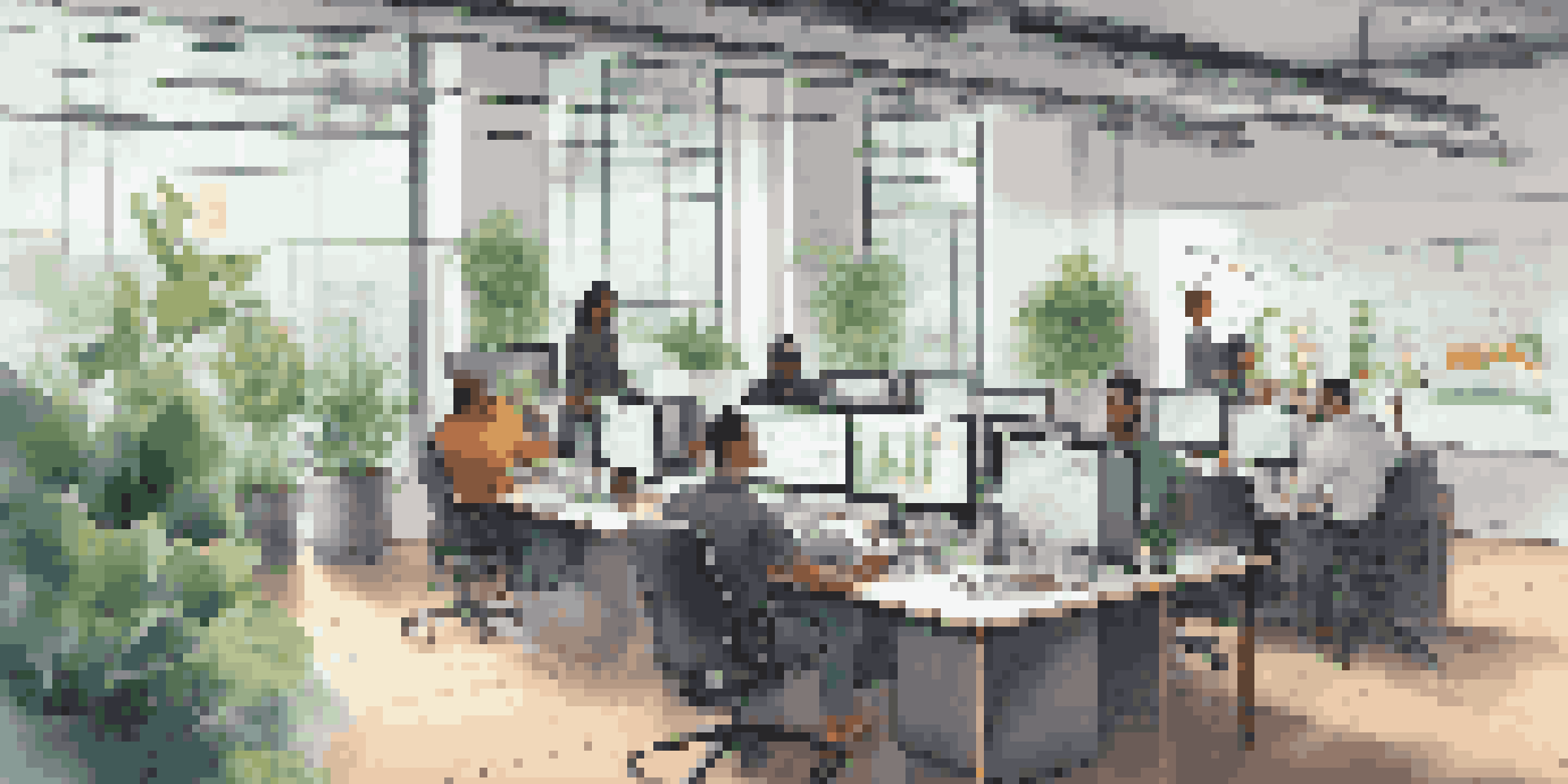 A diverse team of software developers collaborating in a bright office space surrounded by plants and charts, emphasizing teamwork in test data management.