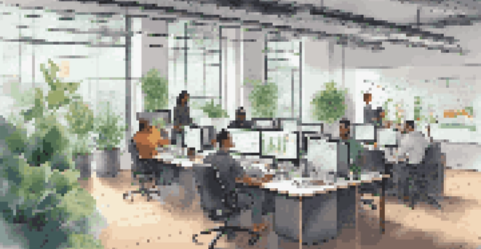 A diverse team of software developers collaborating in a bright office space surrounded by plants and charts, emphasizing teamwork in test data management.