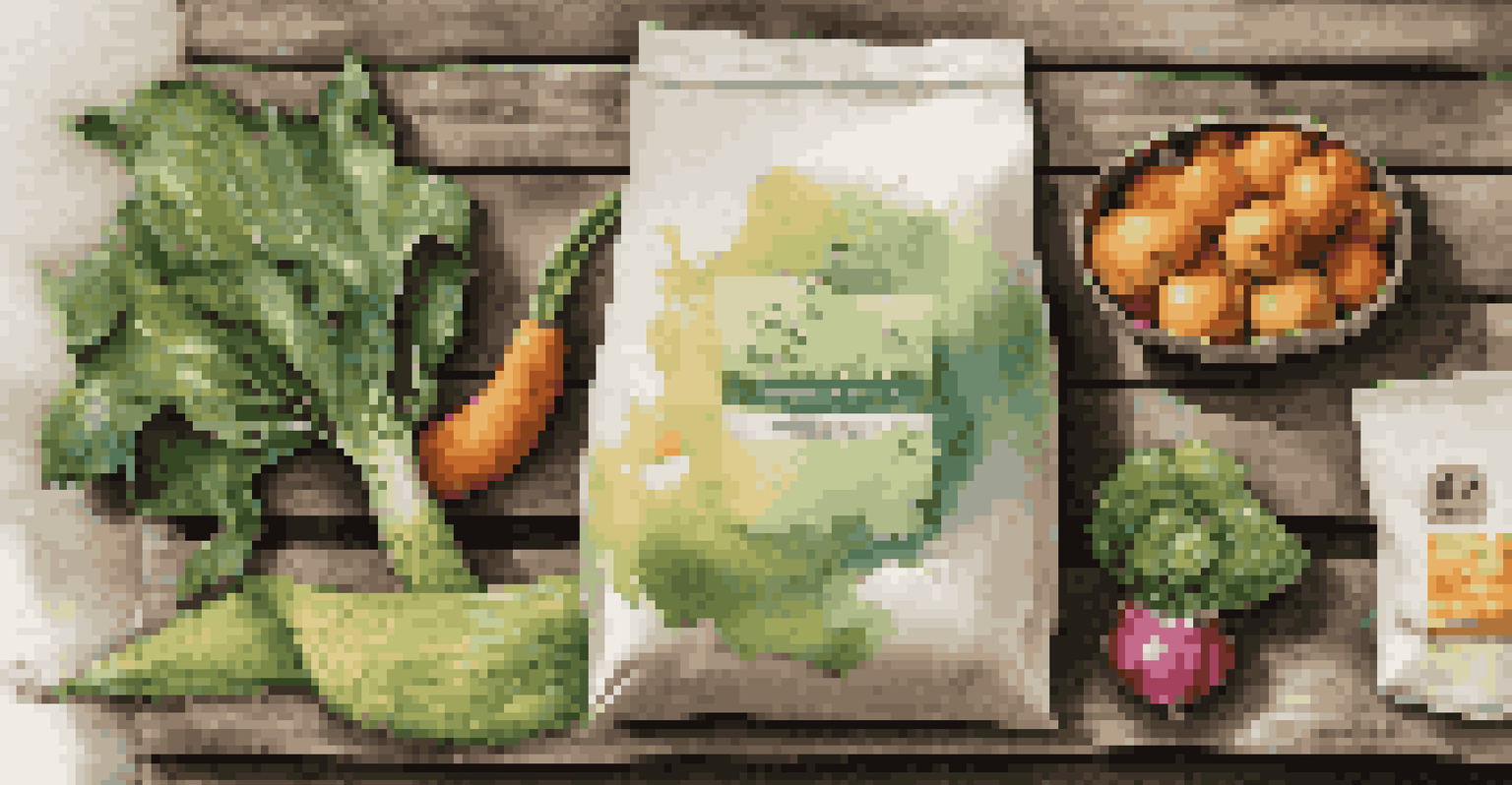 A creative arrangement of biodegradable packaging made from seaweed and cornstarch on a wooden table, with fruits and vegetables around it.