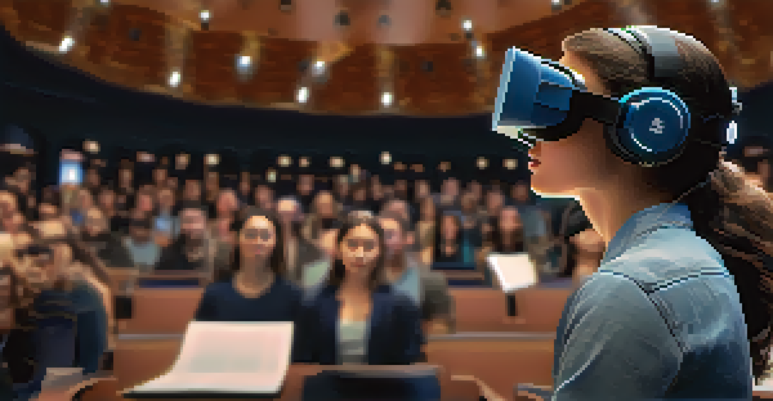 A student using virtual reality to practice public speaking, focused on a virtual audience in a digitally created auditorium.