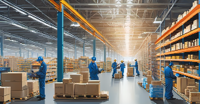 A busy warehouse with shelves filled with products, showcasing workers and robots in action, emphasizing the technological integration in e-commerce logistics.