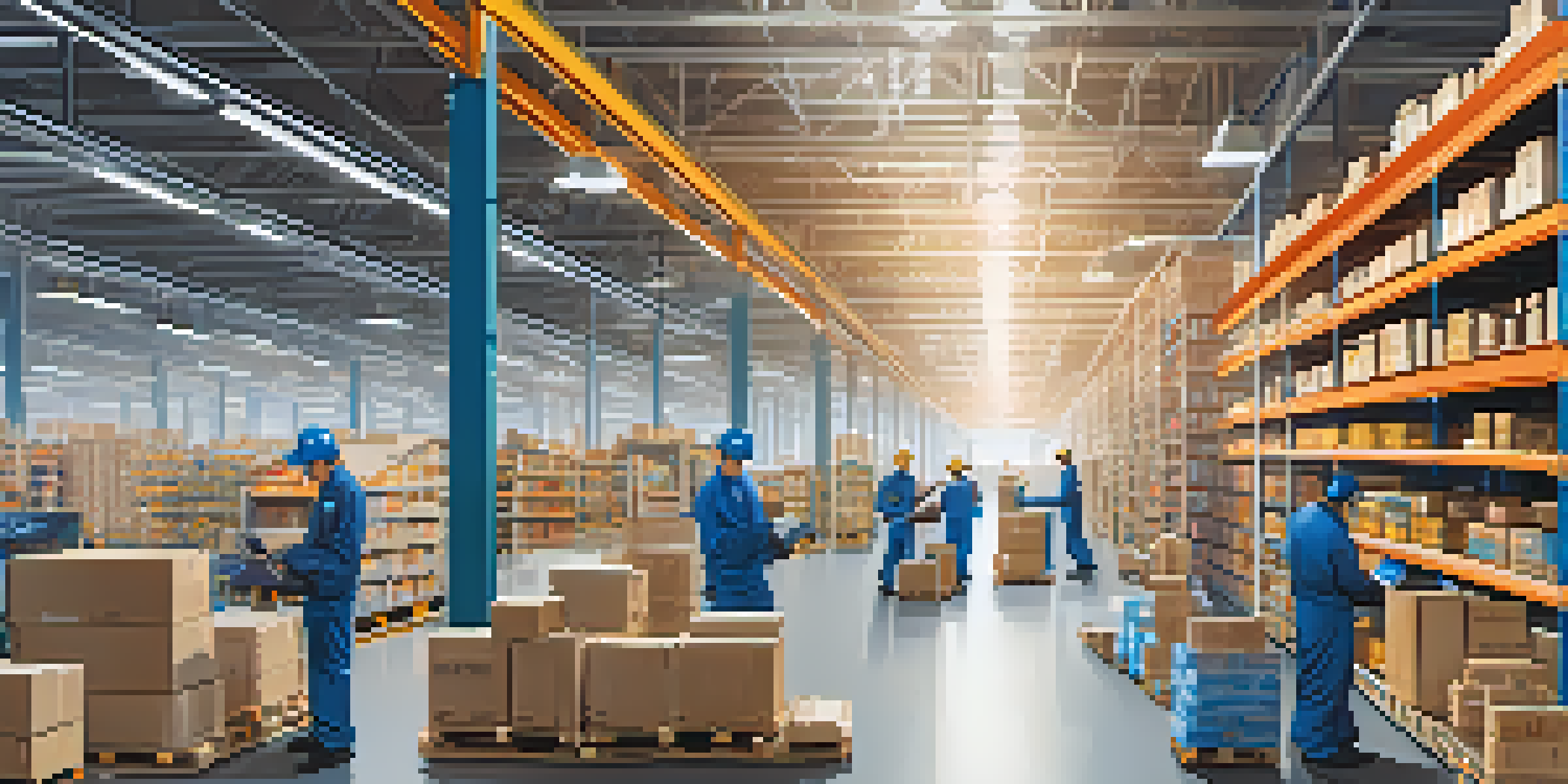 A busy warehouse with shelves filled with products, showcasing workers and robots in action, emphasizing the technological integration in e-commerce logistics.