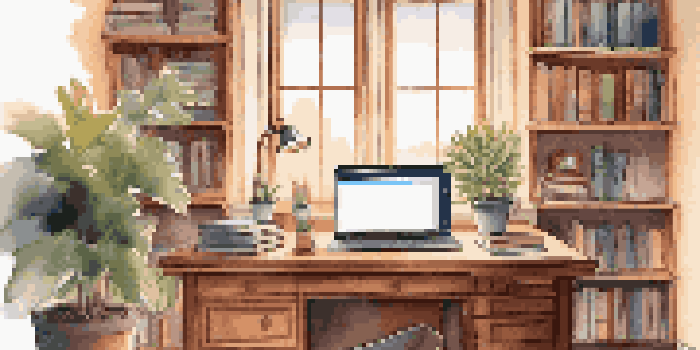 A cozy home office with a wooden desk, laptop on a video call, potted plant, and warm lighting.