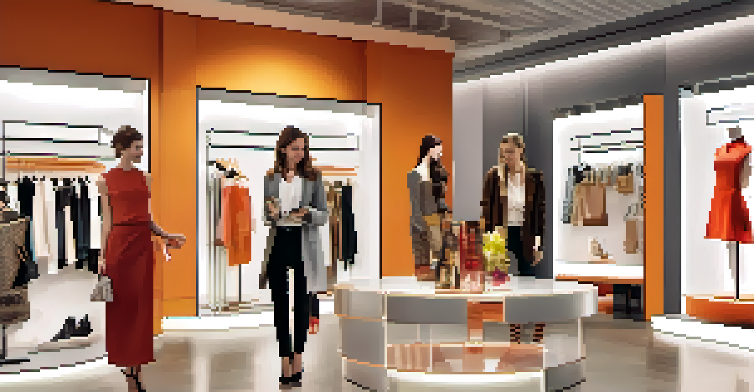 A fashion retail store where customers are using augmented reality to try on clothes virtually, creating an engaging shopping experience.