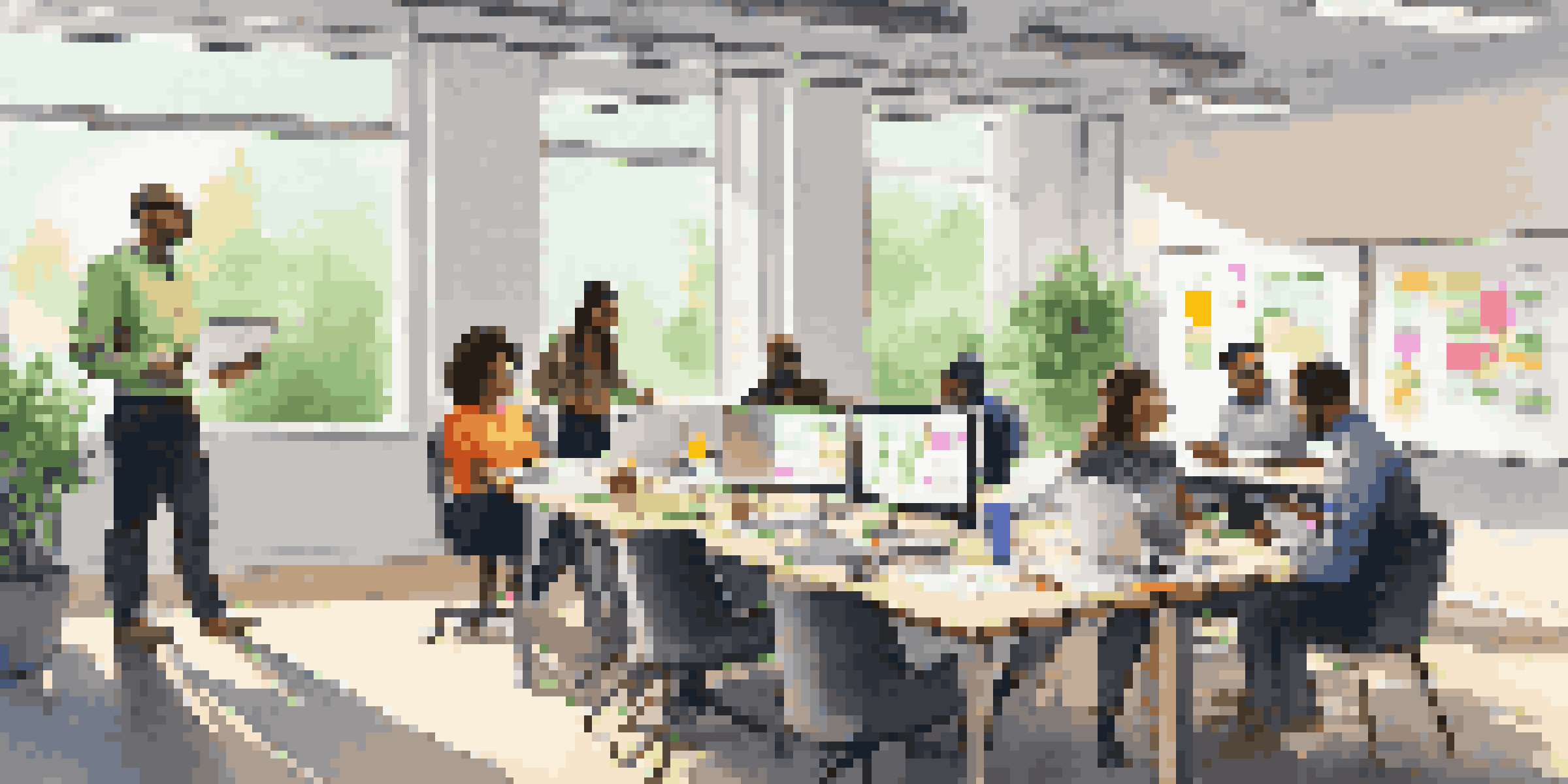 A diverse group of employees in a modern office, actively participating in a feedback session, surrounded by laptops, sticky notes, and a whiteboard.