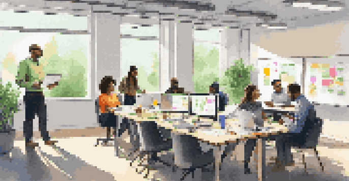 A diverse group of employees in a modern office, actively participating in a feedback session, surrounded by laptops, sticky notes, and a whiteboard.